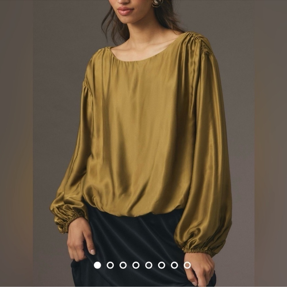 ANTHROPOLOGIE Balloon Sleeve Silky Blouse Top Green Size Small NWT
